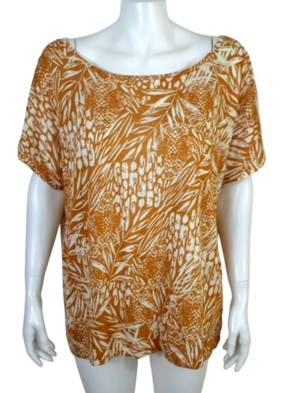Christian Siriano New York Brown White Leaf Print 100% Linen Button Back Top